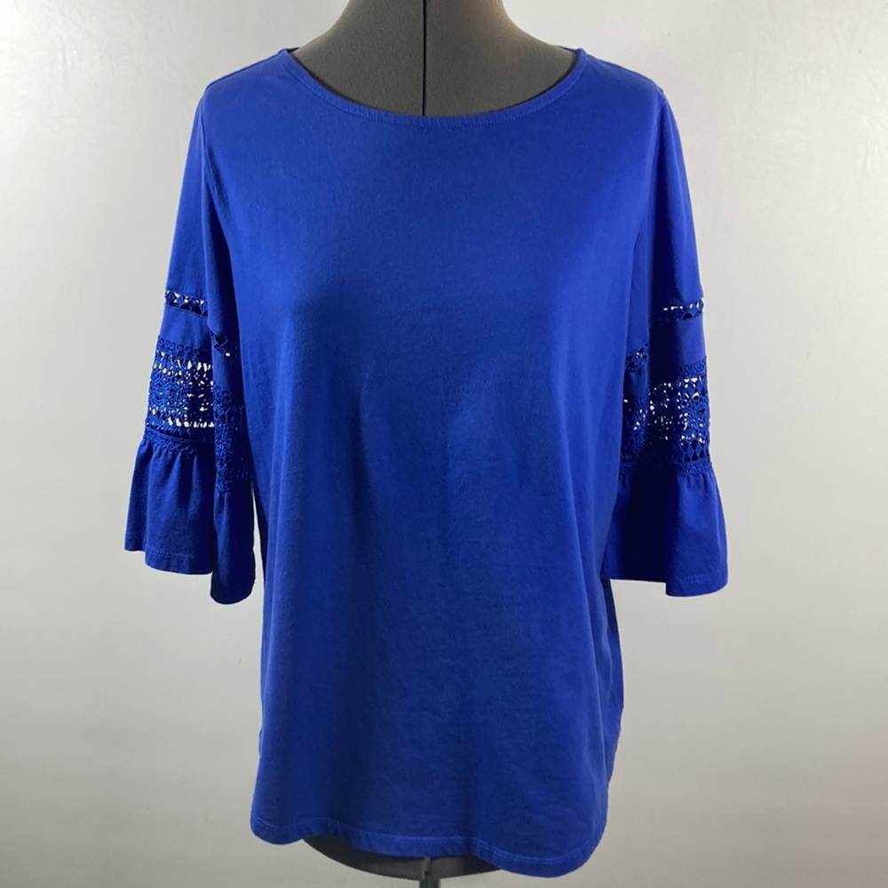 Rebecca Malone Top Women Size Large Blue 100% Cotton Soft Crocheted Sleeves